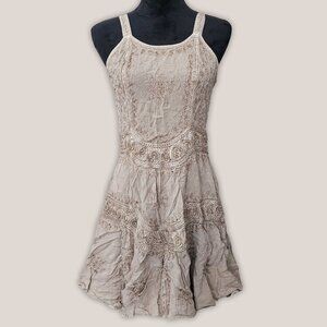 BRAJA Rare Vintage Beige Hippie Boho Stretch Dress Embroidered Mineral Wash